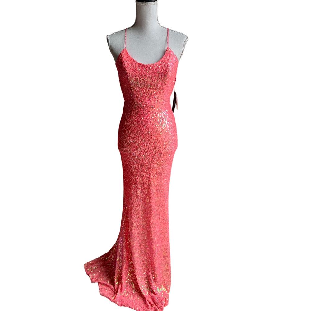 NWT City Vibes peach sparkly sequined open back prom evening gown size 3